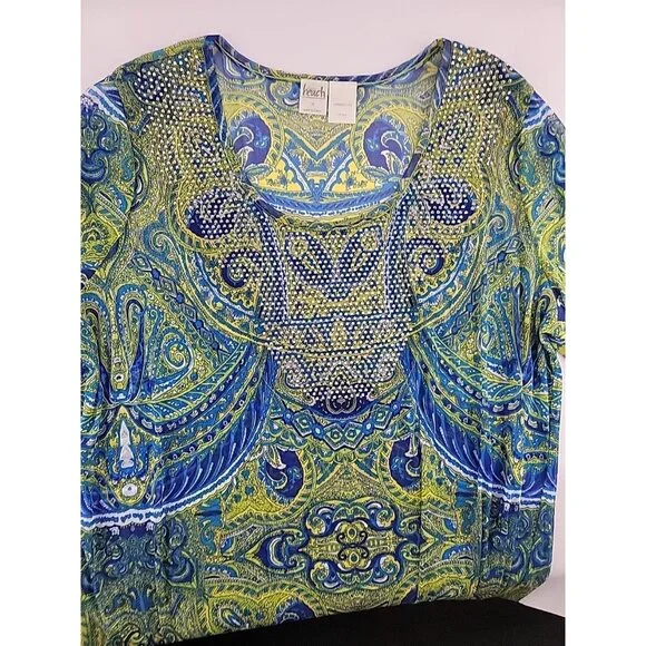INC International Concepts Womenβs Tunic Top Blue Green Paisley Print Embellish - Picture 4 of 10